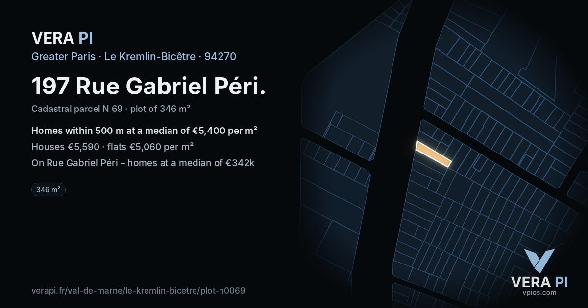 197 Rue Gabriel Péri, Le Kremlin-Bicêtre at night – the plot lit, the parcels around coloured by the prices near them