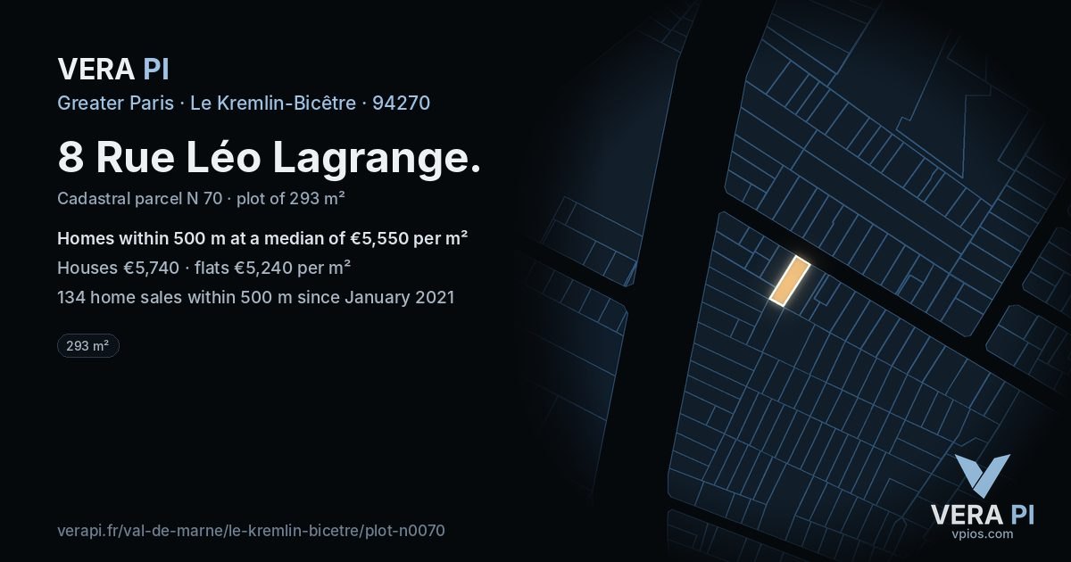 8 Rue Léo Lagrange, Le Kremlin-Bicêtre at night – the plot lit, the parcels around coloured by the prices near them