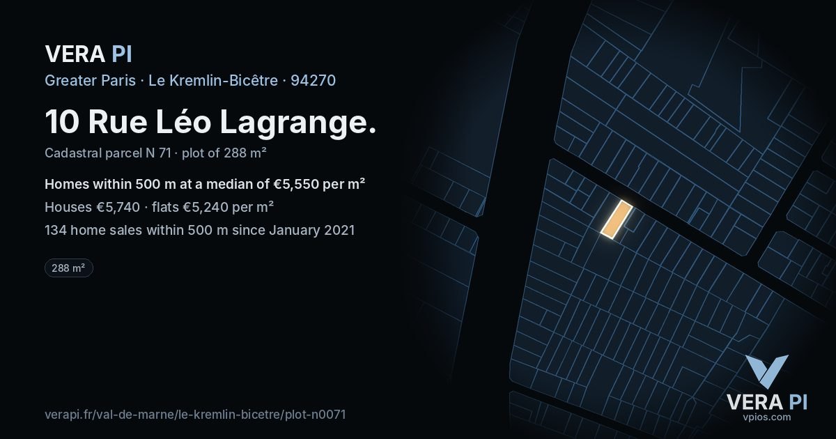 10 Rue Léo Lagrange, Le Kremlin-Bicêtre at night – the plot lit, the parcels around coloured by the prices near them