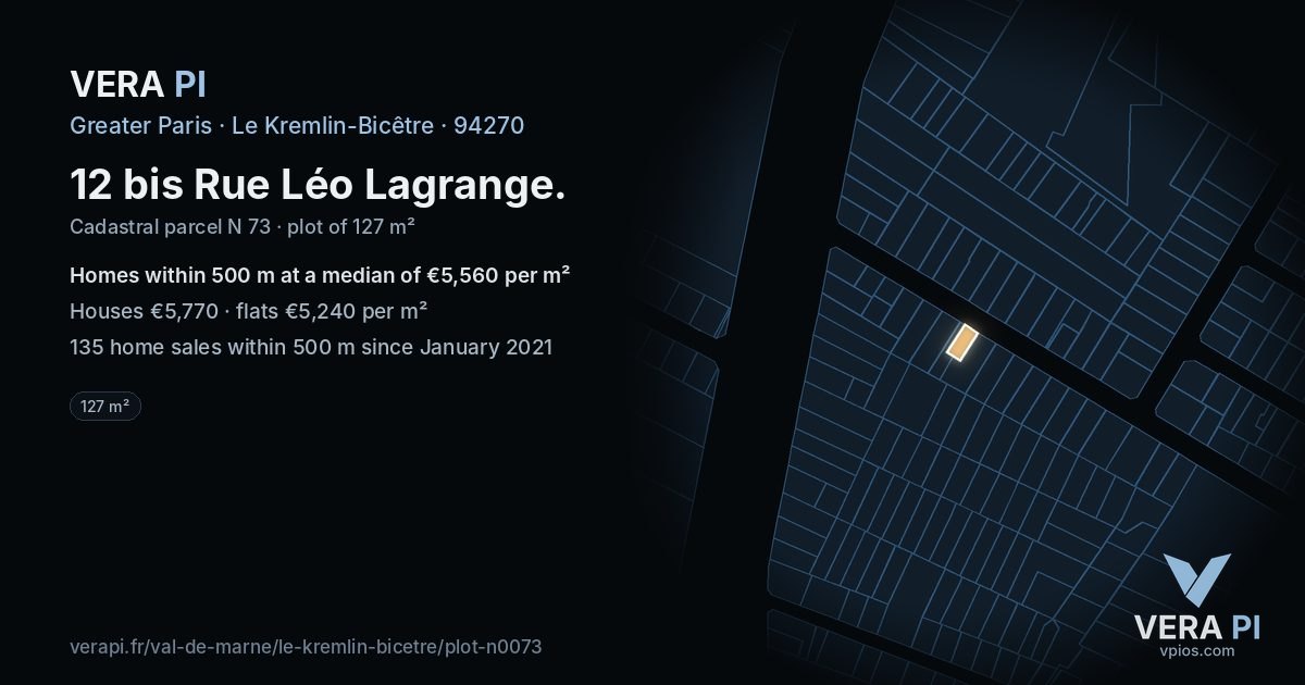 12 bis Rue Léo Lagrange, Le Kremlin-Bicêtre at night – the plot lit, the parcels around coloured by the prices near them