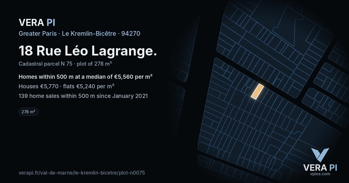 18 Rue Léo Lagrange, Le Kremlin-Bicêtre at night – the plot lit, the parcels around coloured by the prices near them