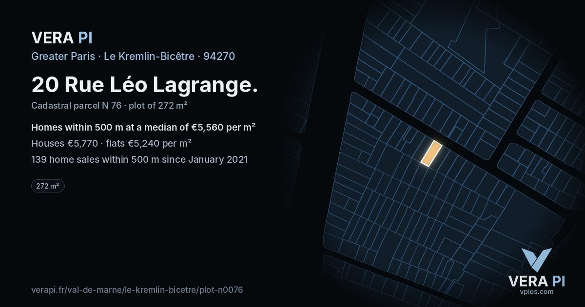 20 Rue Léo Lagrange, Le Kremlin-Bicêtre at night – the plot lit, the parcels around coloured by the prices near them