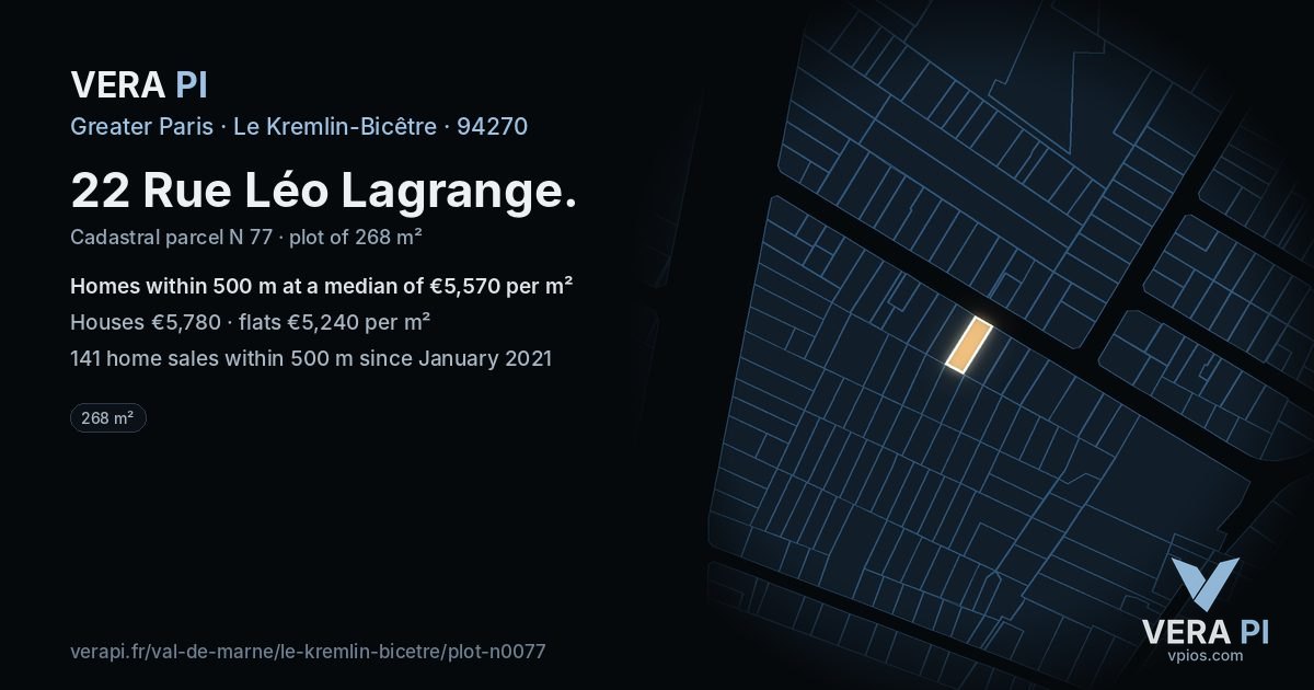 22 Rue Léo Lagrange, Le Kremlin-Bicêtre at night – the plot lit, the parcels around coloured by the prices near them
