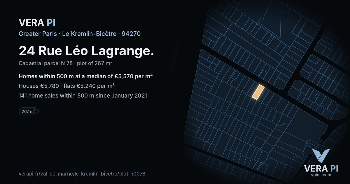 24 Rue Léo Lagrange, Le Kremlin-Bicêtre at night – the plot lit, the parcels around coloured by the prices near them