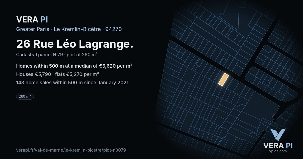 26 Rue Léo Lagrange, Le Kremlin-Bicêtre at night – the plot lit, the parcels around coloured by the prices near them