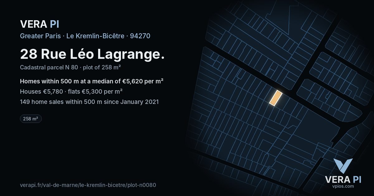 28 Rue Léo Lagrange, Le Kremlin-Bicêtre at night – the plot lit, the parcels around coloured by the prices near them