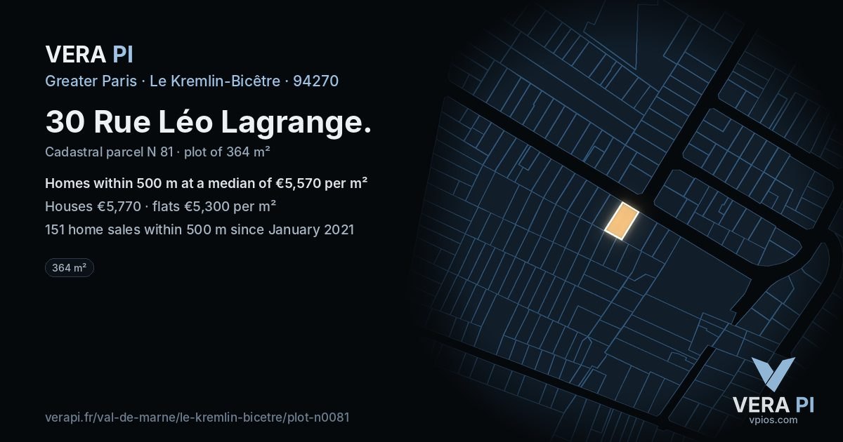 30 Rue Léo Lagrange, Le Kremlin-Bicêtre at night – the plot lit, the parcels around coloured by the prices near them