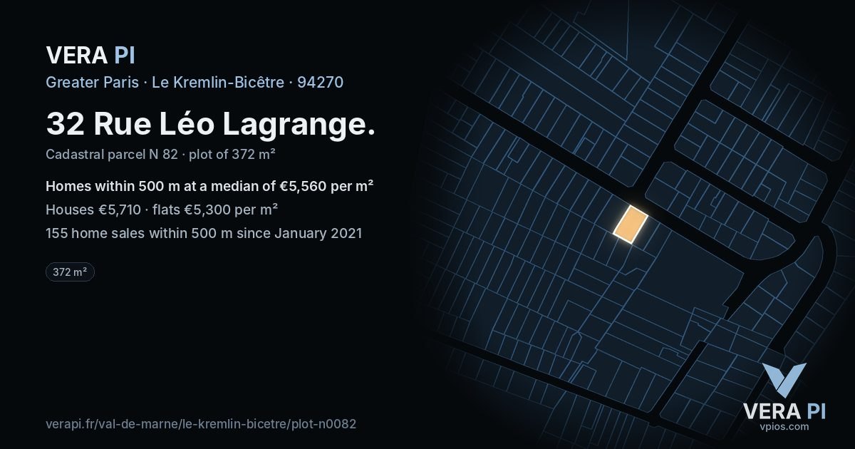32 Rue Léo Lagrange, Le Kremlin-Bicêtre at night – the plot lit, the parcels around coloured by the prices near them