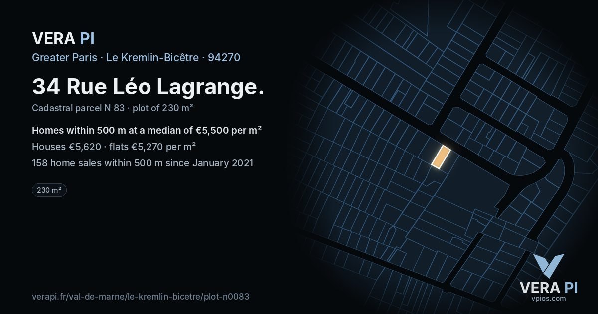 34 Rue Léo Lagrange, Le Kremlin-Bicêtre at night – the plot lit, the parcels around coloured by the prices near them