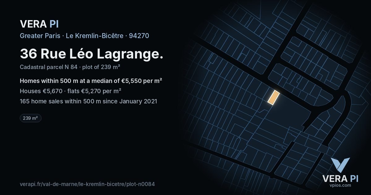 36 Rue Léo Lagrange, Le Kremlin-Bicêtre at night – the plot lit, the parcels around coloured by the prices near them