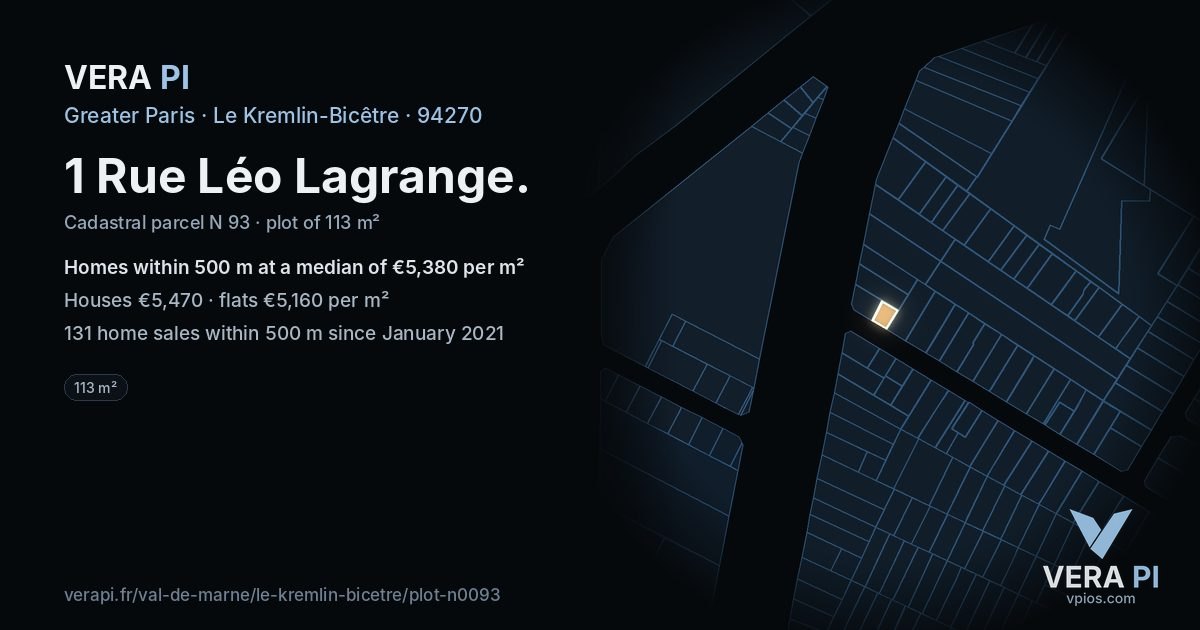 1 Rue Léo Lagrange, Le Kremlin-Bicêtre at night – the plot lit, the parcels around coloured by the prices near them