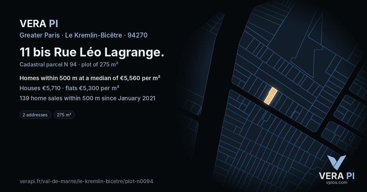 11 bis Rue Léo Lagrange, Le Kremlin-Bicêtre at night – the plot lit, the parcels around coloured by the prices near them