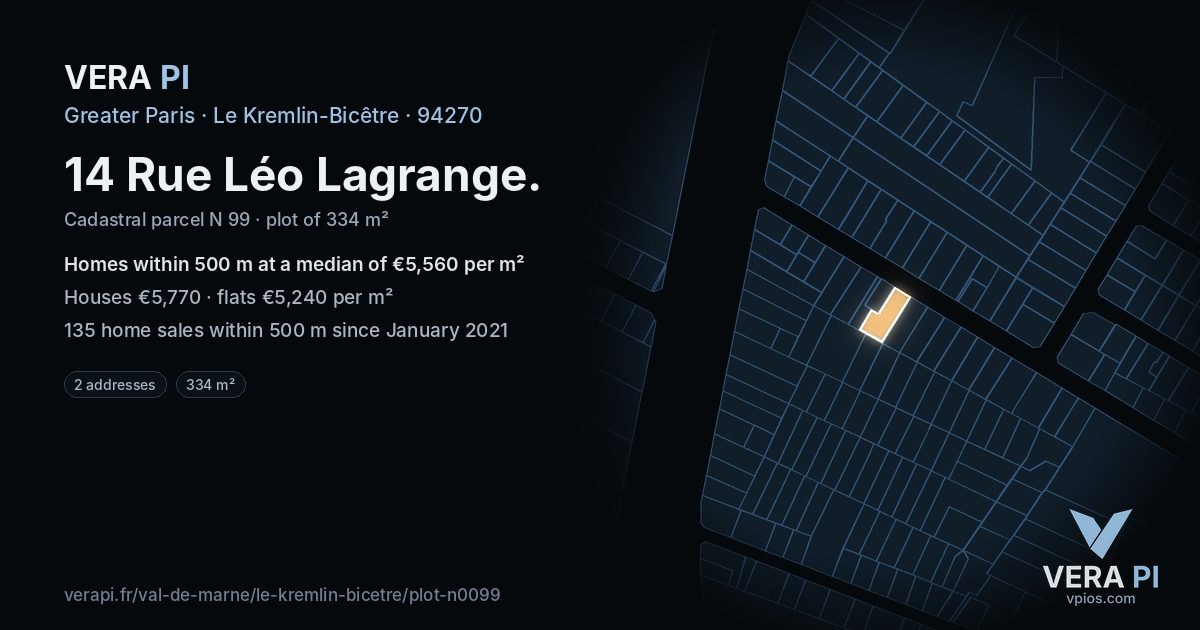 14 Rue Léo Lagrange, Le Kremlin-Bicêtre at night – the plot lit, the parcels around coloured by the prices near them