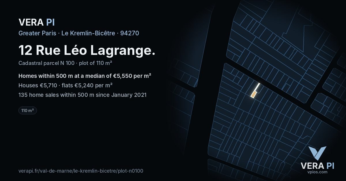 12 Rue Léo Lagrange, Le Kremlin-Bicêtre at night – the plot lit, the parcels around coloured by the prices near them