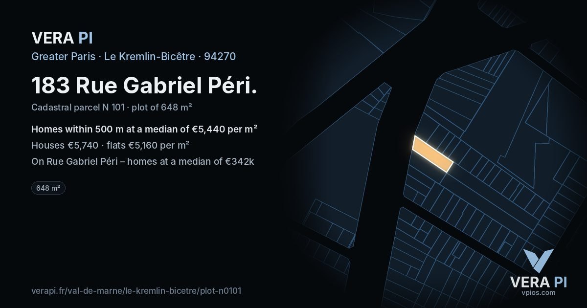 183 Rue Gabriel Péri, Le Kremlin-Bicêtre at night – the plot lit, the parcels around coloured by the prices near them