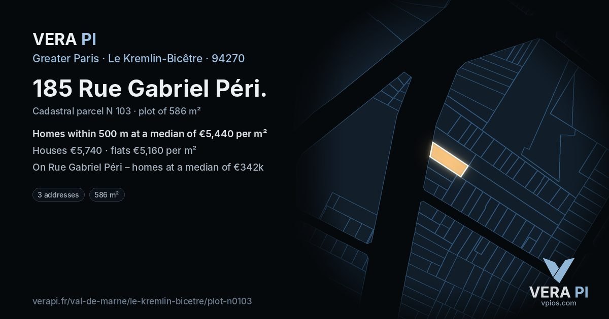 185 Rue Gabriel Péri, Le Kremlin-Bicêtre at night – the plot lit, the parcels around coloured by the prices near them