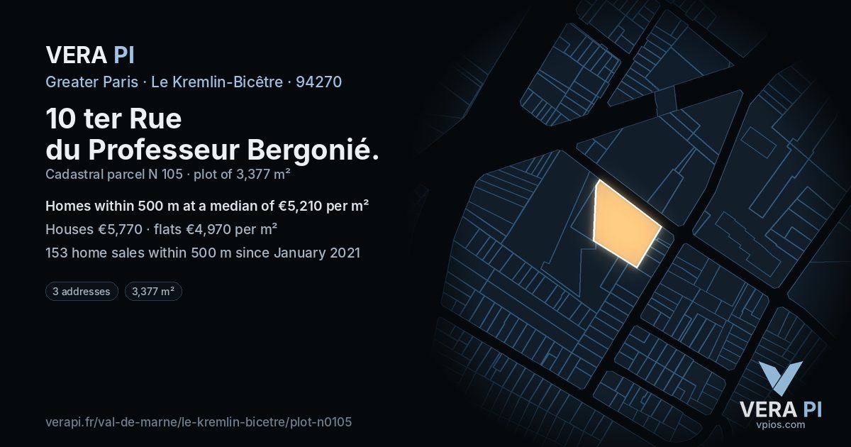10 ter Rue du Professeur Bergonié, Le Kremlin-Bicêtre at night – the plot lit, the parcels around coloured by the prices near them