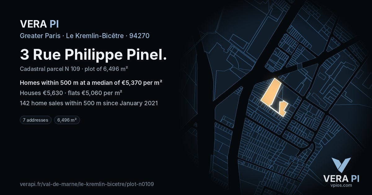3 Rue Philippe Pinel, Le Kremlin-Bicêtre at night – the plot lit, the parcels around coloured by the prices near them