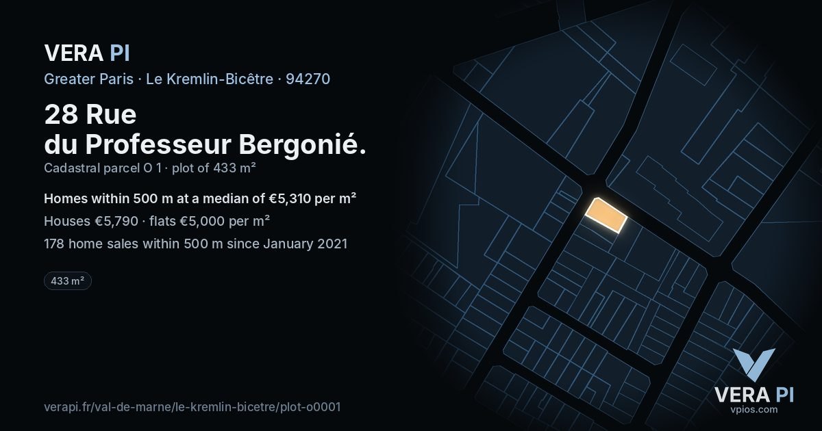 28 Rue du Professeur Bergonié, Le Kremlin-Bicêtre at night – the plot lit, the parcels around coloured by the prices near them