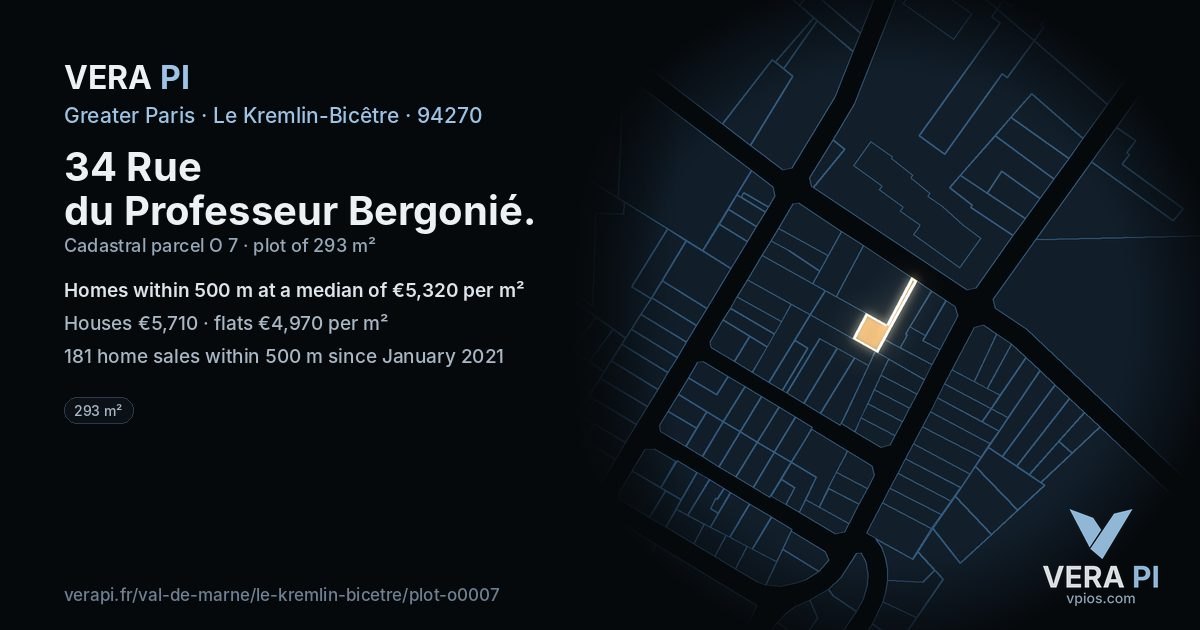 34 Rue du Professeur Bergonié, Le Kremlin-Bicêtre at night – the plot lit, the parcels around coloured by the prices near them