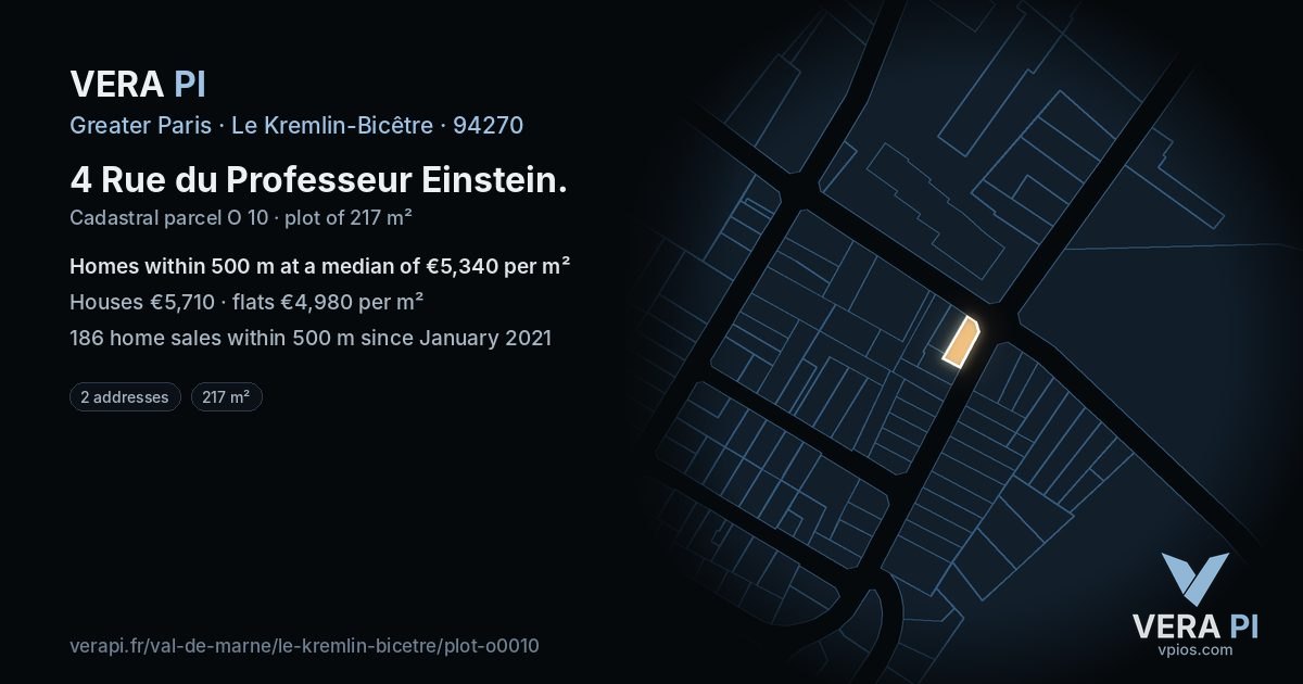 4 Rue du Professeur Einstein, Le Kremlin-Bicêtre at night – the plot lit, the parcels around coloured by the prices near them