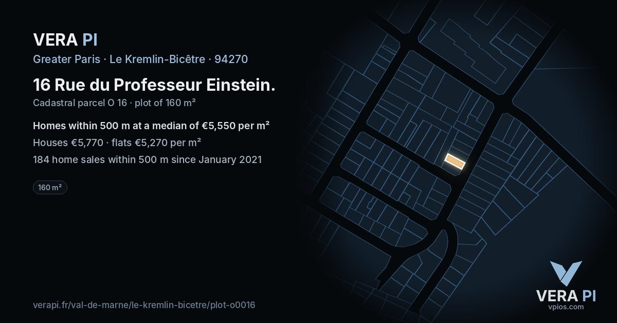 16 Rue du Professeur Einstein, Le Kremlin-Bicêtre at night – the plot lit, the parcels around coloured by the prices near them