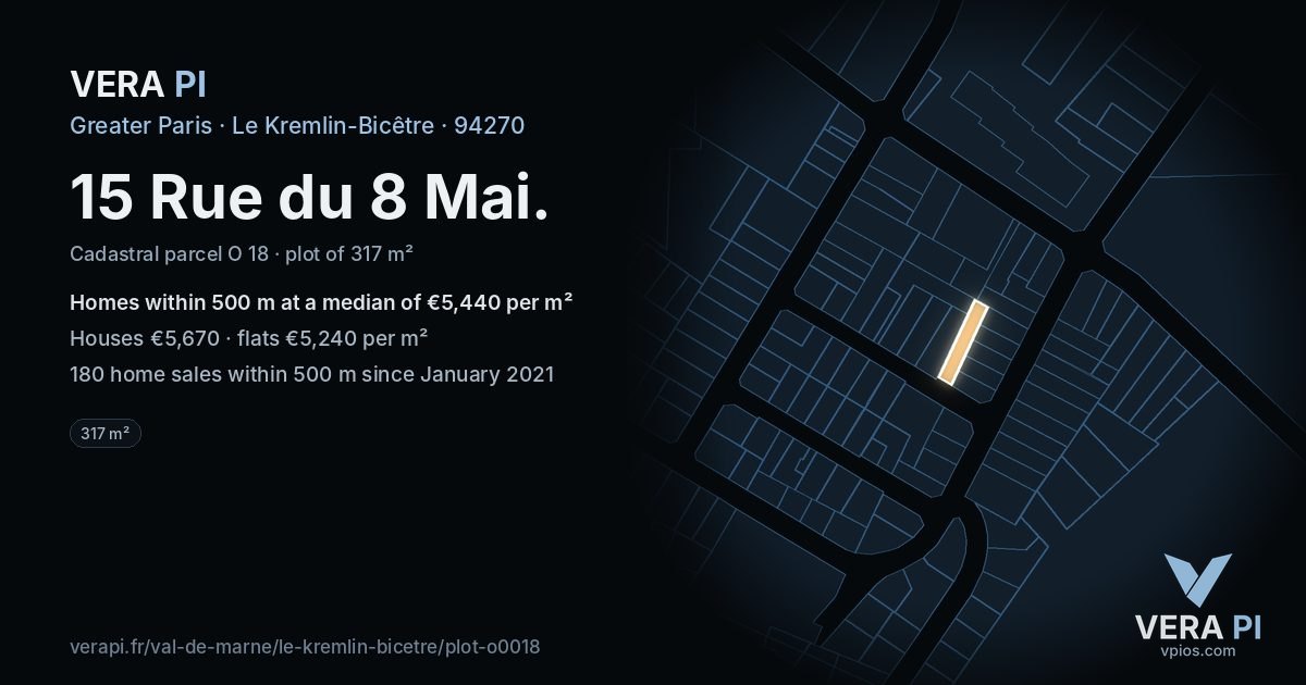 15 Rue du 8 Mai, Le Kremlin-Bicêtre at night – the plot lit, the parcels around coloured by the prices near them