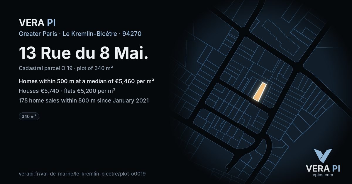 13 Rue du 8 Mai, Le Kremlin-Bicêtre at night – the plot lit, the parcels around coloured by the prices near them