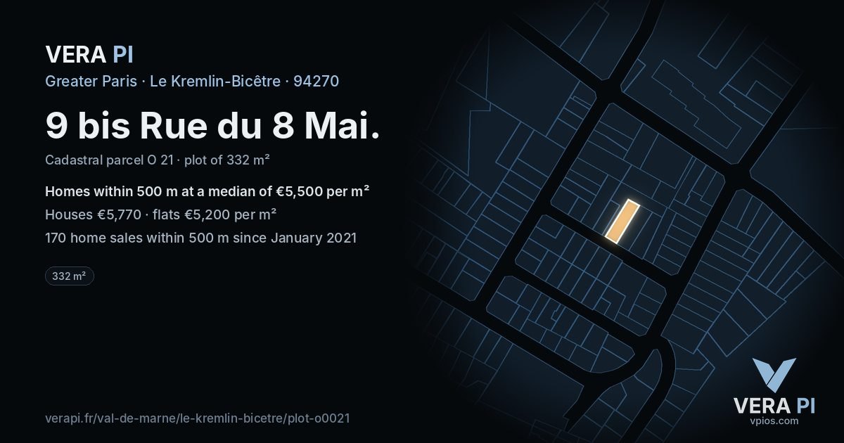 9 bis Rue du 8 Mai, Le Kremlin-Bicêtre at night – the plot lit, the parcels around coloured by the prices near them