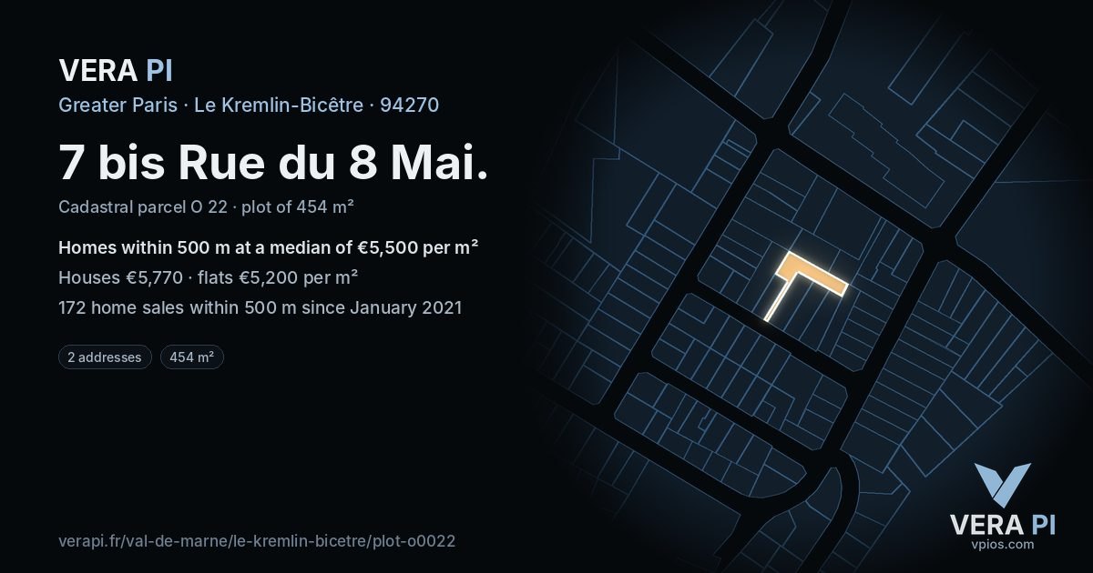 7 bis Rue du 8 Mai, Le Kremlin-Bicêtre at night – the plot lit, the parcels around coloured by the prices near them