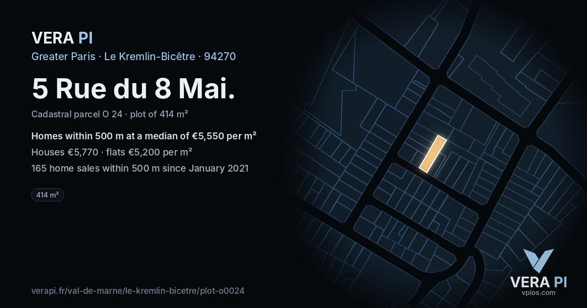 5 Rue du 8 Mai, Le Kremlin-Bicêtre at night – the plot lit, the parcels around coloured by the prices near them