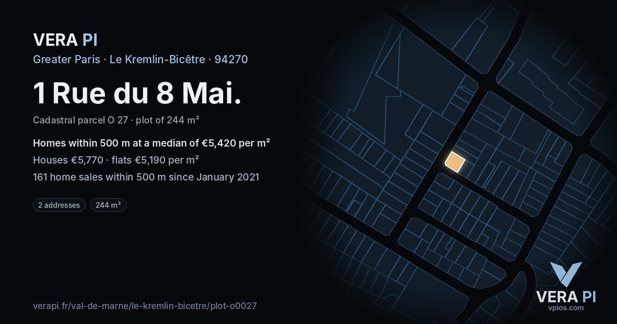 1 Rue du 8 Mai, Le Kremlin-Bicêtre at night – the plot lit, the parcels around coloured by the prices near them