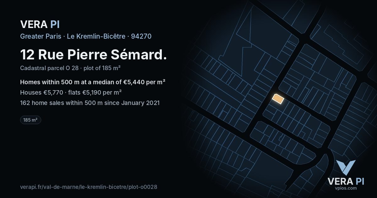 12 Rue Pierre Sémard, Le Kremlin-Bicêtre at night – the plot lit, the parcels around coloured by the prices near them