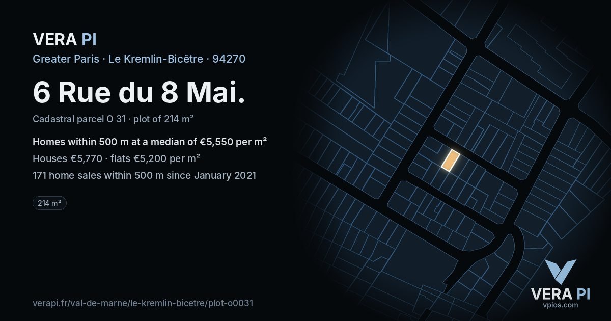 6 Rue du 8 Mai, Le Kremlin-Bicêtre at night – the plot lit, the parcels around coloured by the prices near them
