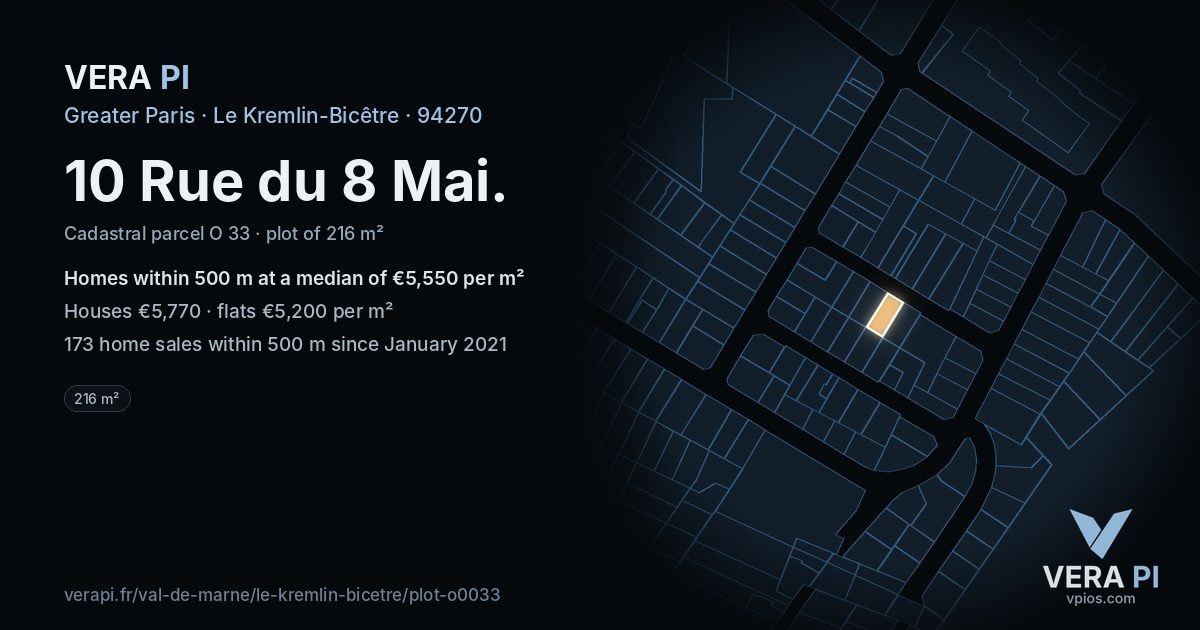10 Rue du 8 Mai, Le Kremlin-Bicêtre at night – the plot lit, the parcels around coloured by the prices near them