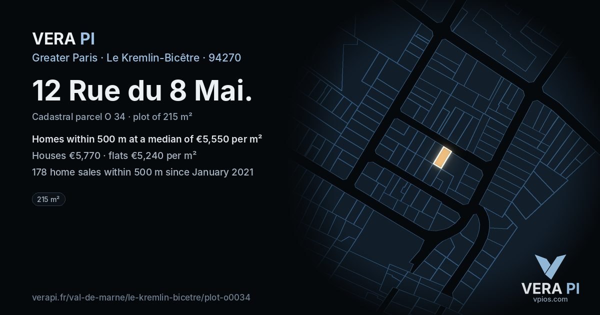 12 Rue du 8 Mai, Le Kremlin-Bicêtre at night – the plot lit, the parcels around coloured by the prices near them