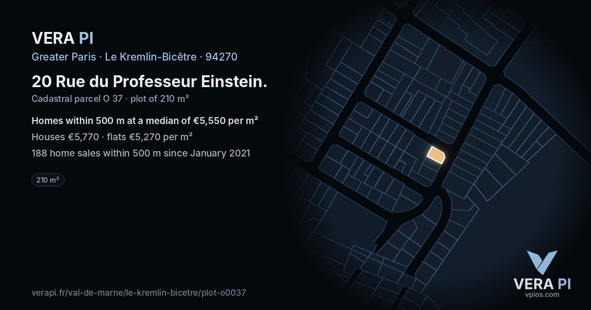 20 Rue du Professeur Einstein, Le Kremlin-Bicêtre at night – the plot lit, the parcels around coloured by the prices near them