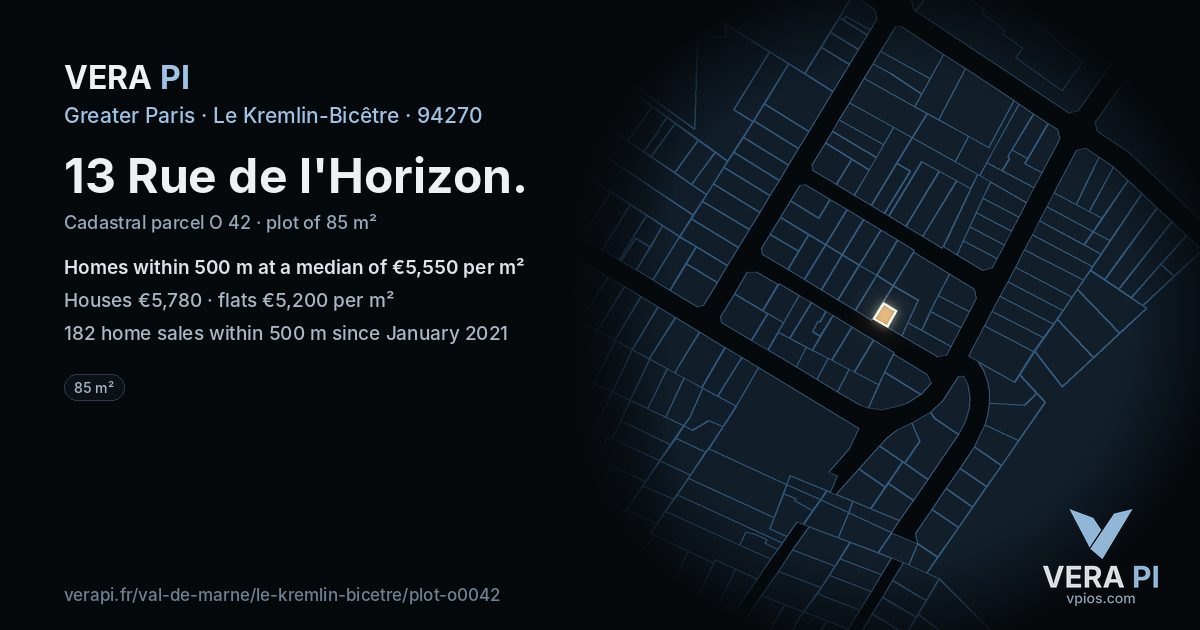 13 Rue de l'Horizon, Le Kremlin-Bicêtre at night – the plot lit, the parcels around coloured by the prices near them