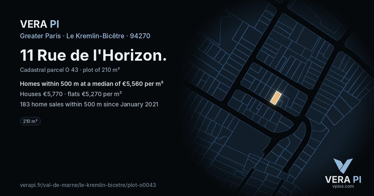 11 Rue de l'Horizon, Le Kremlin-Bicêtre at night – the plot lit, the parcels around coloured by the prices near them