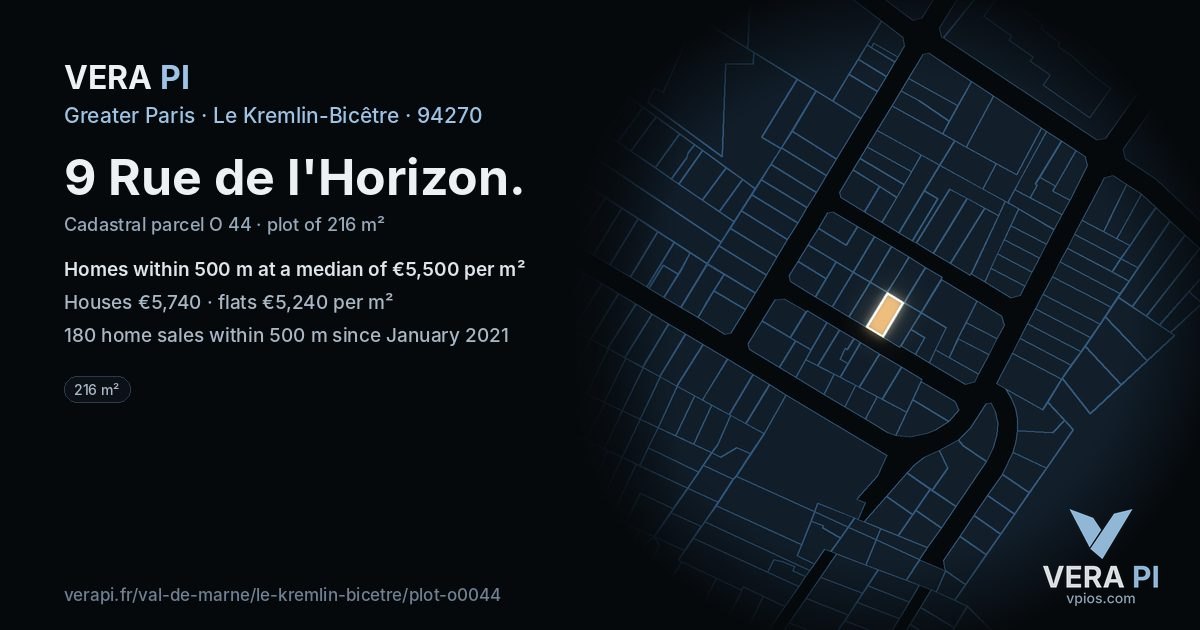 9 Rue de l'Horizon, Le Kremlin-Bicêtre at night – the plot lit, the parcels around coloured by the prices near them