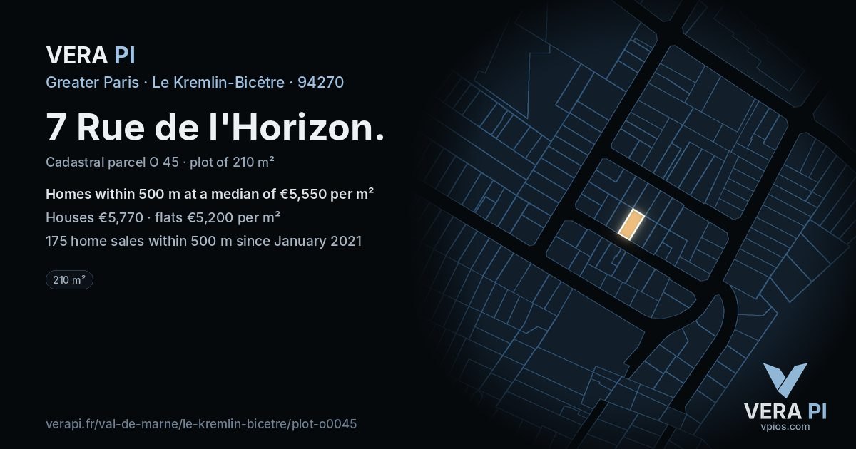 7 Rue de l'Horizon, Le Kremlin-Bicêtre at night – the plot lit, the parcels around coloured by the prices near them