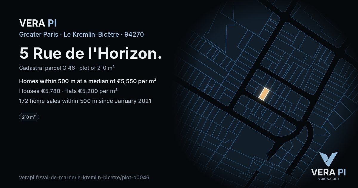 5 Rue de l'Horizon, Le Kremlin-Bicêtre at night – the plot lit, the parcels around coloured by the prices near them