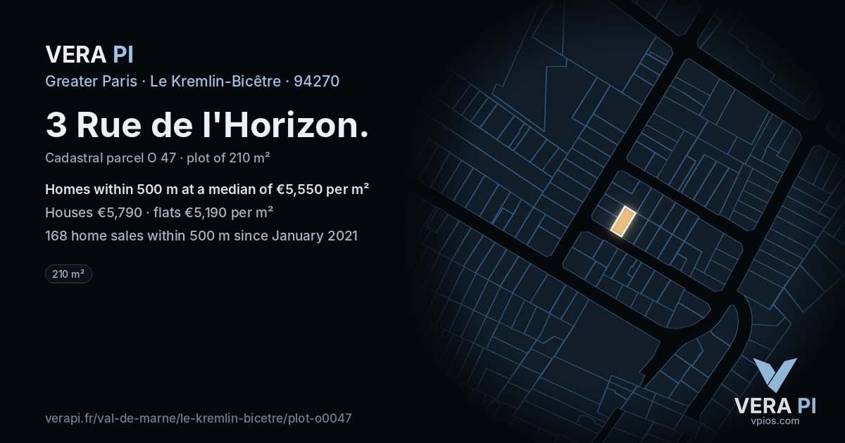 3 Rue de l'Horizon, Le Kremlin-Bicêtre at night – the plot lit, the parcels around coloured by the prices near them