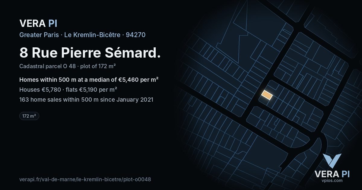 8 Rue Pierre Sémard, Le Kremlin-Bicêtre at night – the plot lit, the parcels around coloured by the prices near them