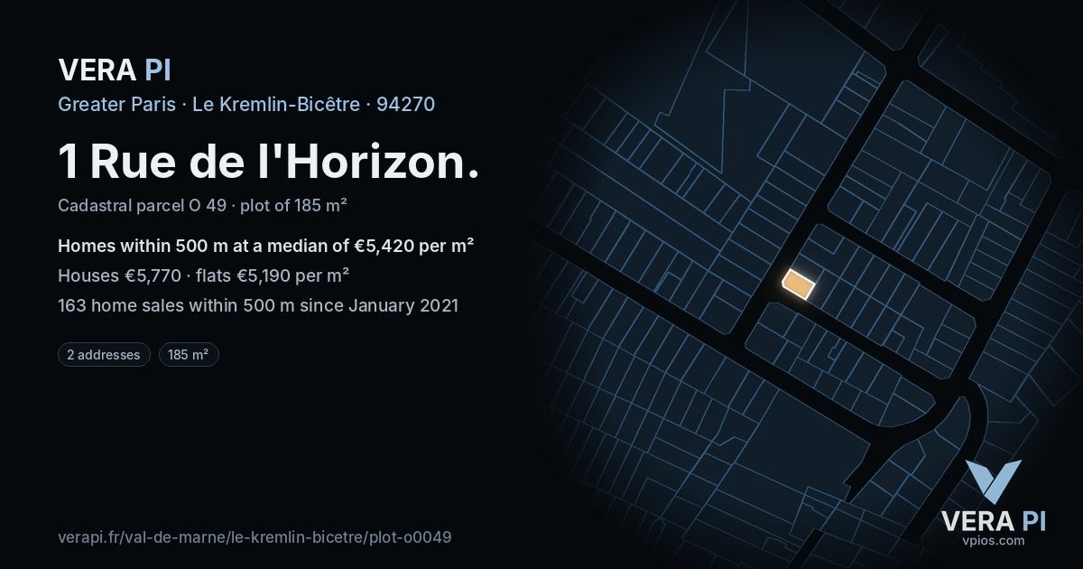 1 Rue de l'Horizon, Le Kremlin-Bicêtre at night – the plot lit, the parcels around coloured by the prices near them