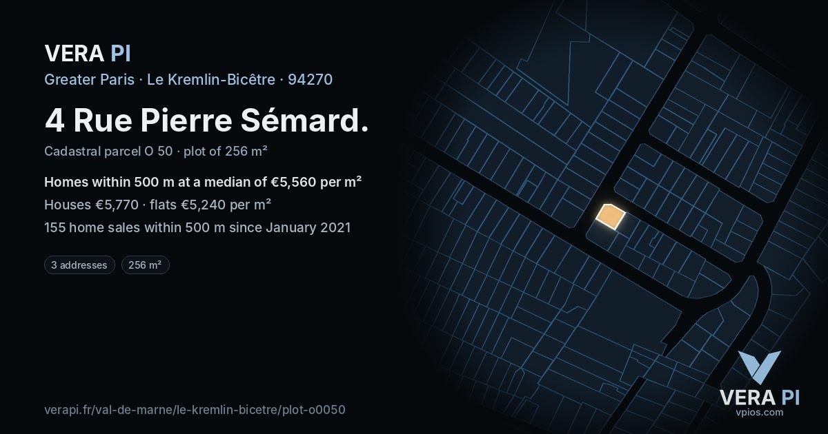 4 Rue Pierre Sémard, Le Kremlin-Bicêtre at night – the plot lit, the parcels around coloured by the prices near them