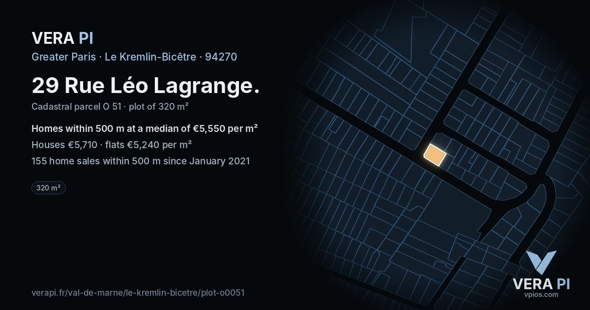 29 Rue Léo Lagrange, Le Kremlin-Bicêtre at night – the plot lit, the parcels around coloured by the prices near them
