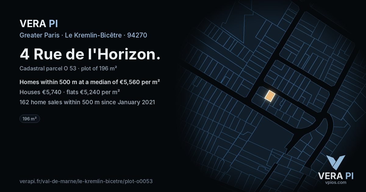 4 Rue de l'Horizon, Le Kremlin-Bicêtre at night – the plot lit, the parcels around coloured by the prices near them