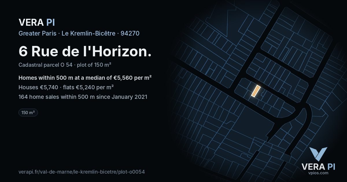 6 Rue de l'Horizon, Le Kremlin-Bicêtre at night – the plot lit, the parcels around coloured by the prices near them