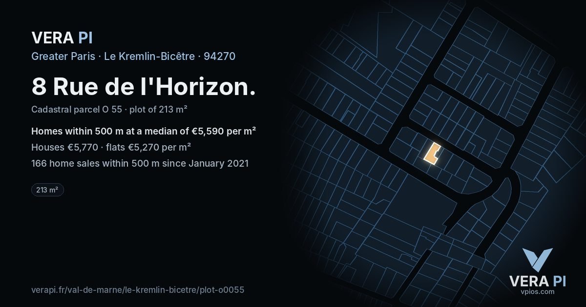 8 Rue de l'Horizon, Le Kremlin-Bicêtre at night – the plot lit, the parcels around coloured by the prices near them